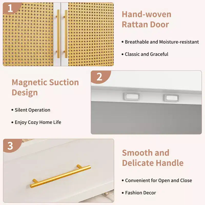 Armadio a 2 ante con 2 cassetti e bastone appendiabiti in rattan da 65 pollici, colore bianco