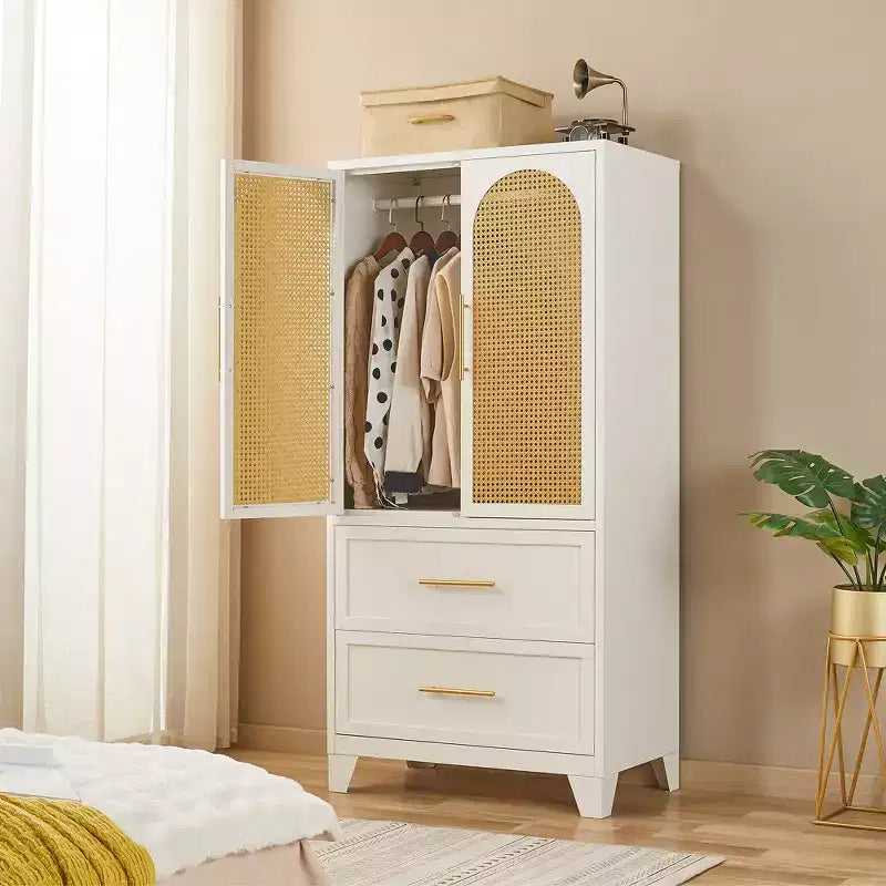 Armadio a 2 ante con 2 cassetti e bastone appendiabiti in rattan da 65 pollici, colore bianco