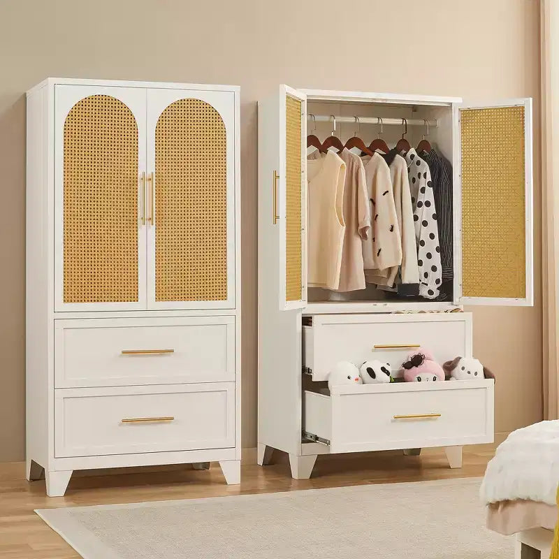 Armadio a 2 ante con 2 cassetti e bastone appendiabiti in rattan da 65 pollici, colore bianco