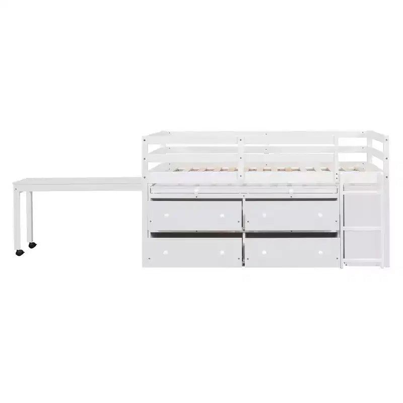 Letto a soppalco basso con scrivania estraibile, 4 cassetti e 4 ripiani, struttura letto in legno salvaspazio per bambini