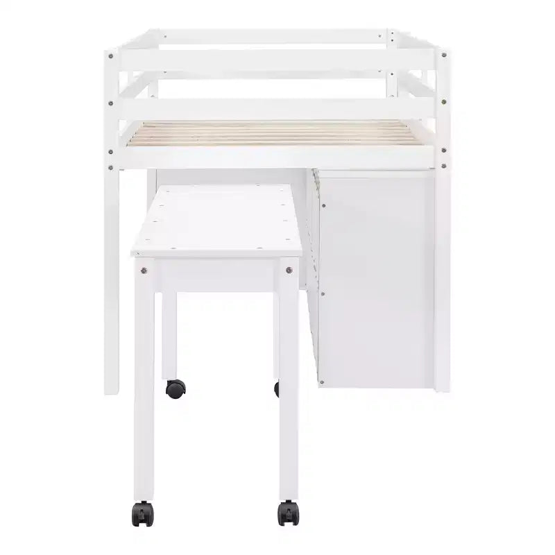 Letto a soppalco basso con scrivania estraibile, 4 cassetti e 4 ripiani, struttura letto in legno salvaspazio per bambini