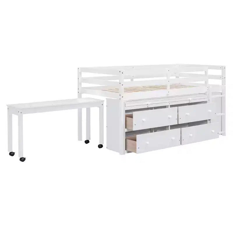 Letto a soppalco basso con scrivania estraibile, 4 cassetti e 4 ripiani, struttura letto in legno salvaspazio per bambini