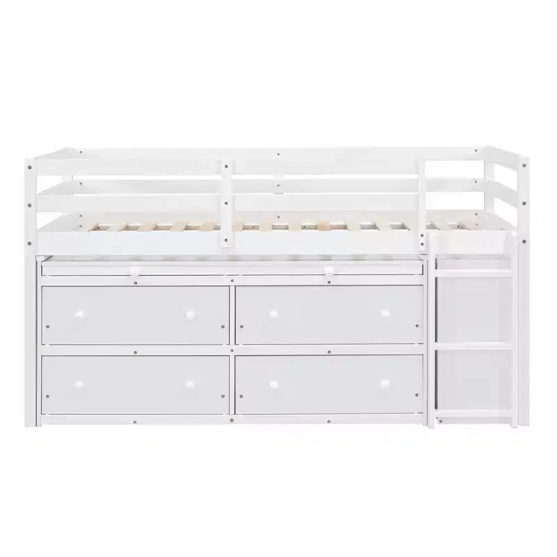 Letto a soppalco basso con scrivania estraibile, 4 cassetti e 4 ripiani, struttura letto in legno salvaspazio per bambini