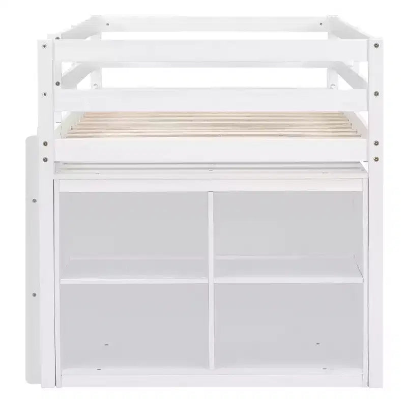 Letto a soppalco basso con scrivania estraibile, 4 cassetti e 4 ripiani, struttura letto in legno salvaspazio per bambini