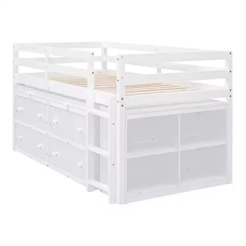 Letto a soppalco basso con scrivania estraibile, 4 cassetti e 4 ripiani, struttura letto in legno salvaspazio per bambini