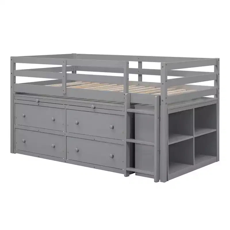 Letto a soppalco basso con scrivania estraibile, 4 cassetti e 4 ripiani, struttura letto in legno salvaspazio per bambini