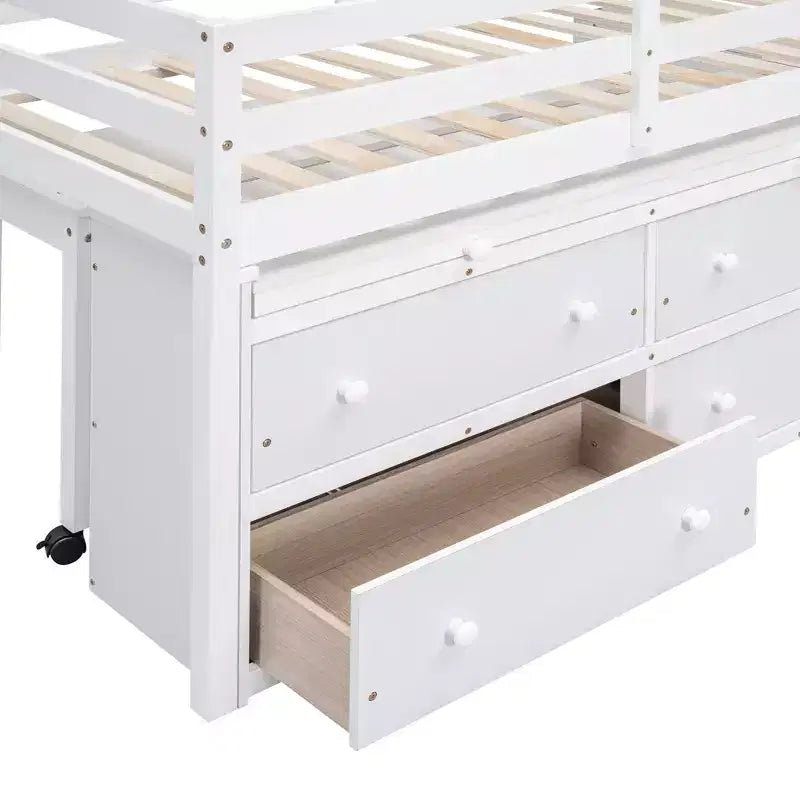 Letto a soppalco basso con scrivania estraibile, 4 cassetti e 4 ripiani, struttura letto in legno salvaspazio per bambini