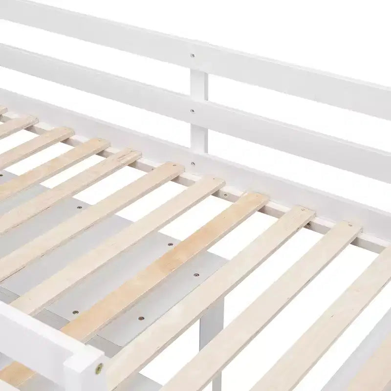 Letto a soppalco basso con scrivania estraibile, 4 cassetti e 4 ripiani, struttura letto in legno salvaspazio per bambini