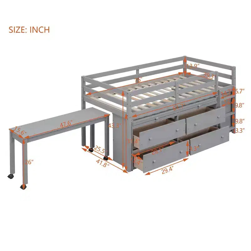 Letto a soppalco basso con scrivania estraibile, 4 cassetti e 4 ripiani, struttura letto in legno salvaspazio per bambini