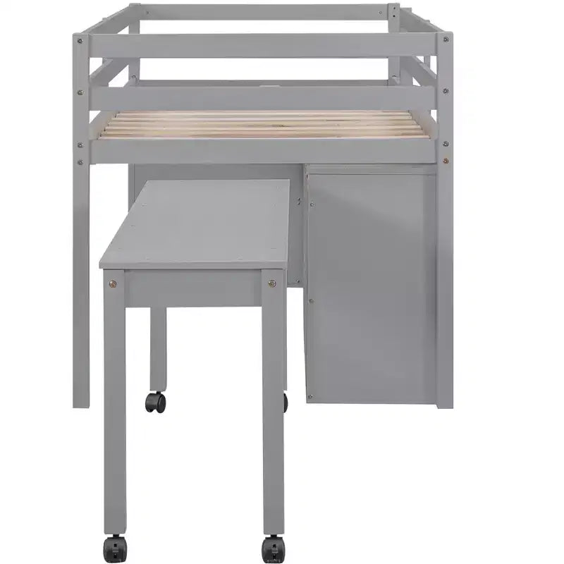Letto a soppalco basso con scrivania estraibile, 4 cassetti e 4 ripiani, struttura letto in legno salvaspazio per bambini
