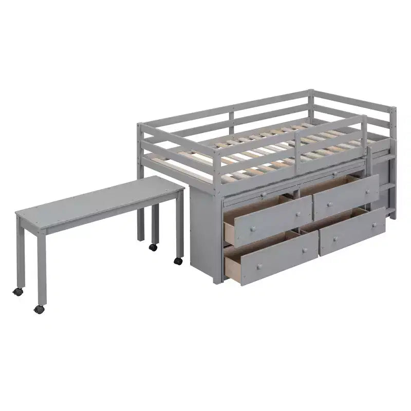 Letto a soppalco basso con scrivania estraibile, 4 cassetti e 4 ripiani, struttura letto in legno salvaspazio per bambini