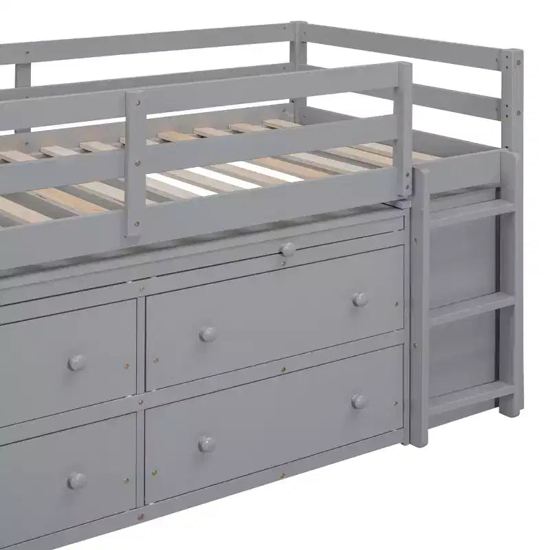 Letto a soppalco basso con scrivania estraibile, 4 cassetti e 4 ripiani, struttura letto in legno salvaspazio per bambini