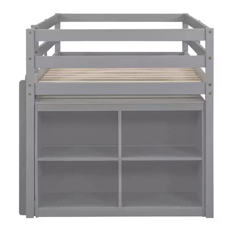 Letto a soppalco basso con scrivania estraibile, 4 cassetti e 4 ripiani, struttura letto in legno salvaspazio per bambini