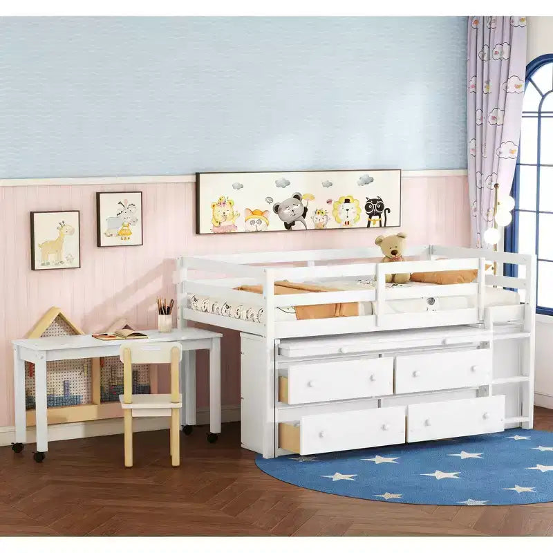 Letto a soppalco basso con scrivania estraibile, 4 cassetti e 4 ripiani, struttura letto in legno salvaspazio per bambini