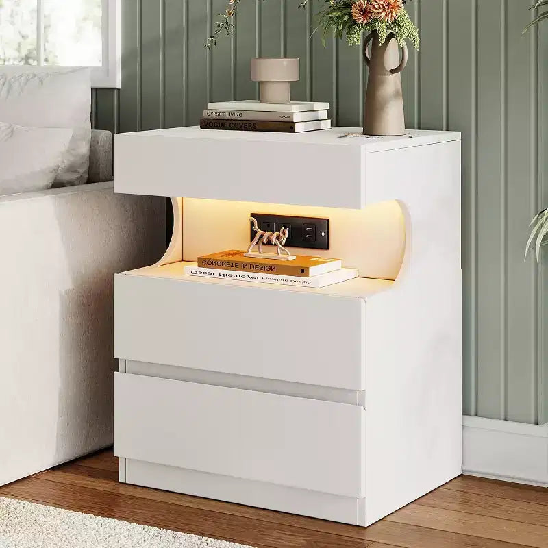 Comodino Bianco con Luce LED e Stazione di Ricarica - Comodino a 3 Cassetti con Porte USB