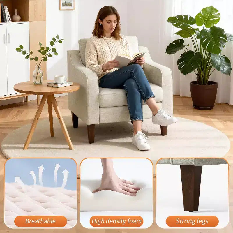 Poltrona imbottita in lino beige con braccioli a conchiglia per soggiorno, camera da letto, ufficio