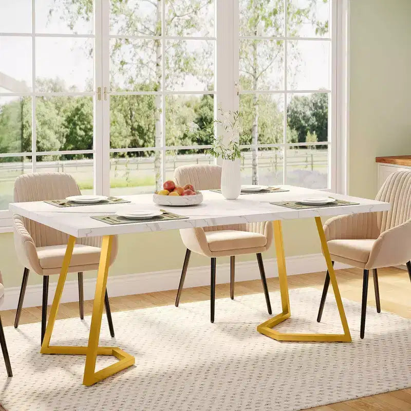 Tavolo da Pranzo Rettangolare Moderno da 55 Pollici con Contenitore Sottostante, Bianco/Oro