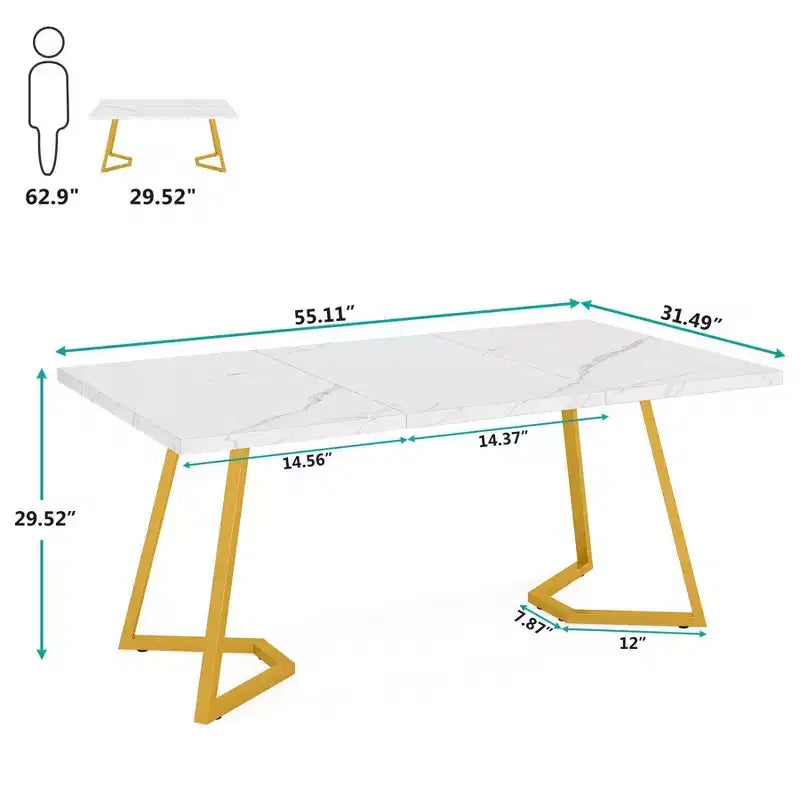 Tavolo da Pranzo Rettangolare Moderno da 55 Pollici con Contenitore Sottostante, Bianco/Oro