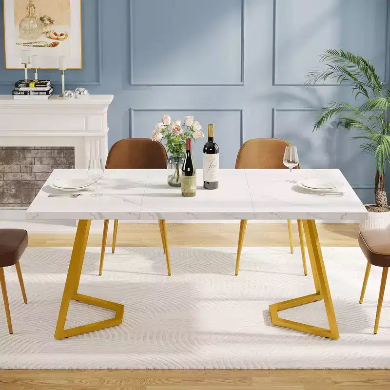 Tavolo da Pranzo Rettangolare Moderno da 55 Pollici con Contenitore Sottostante, Bianco/Oro