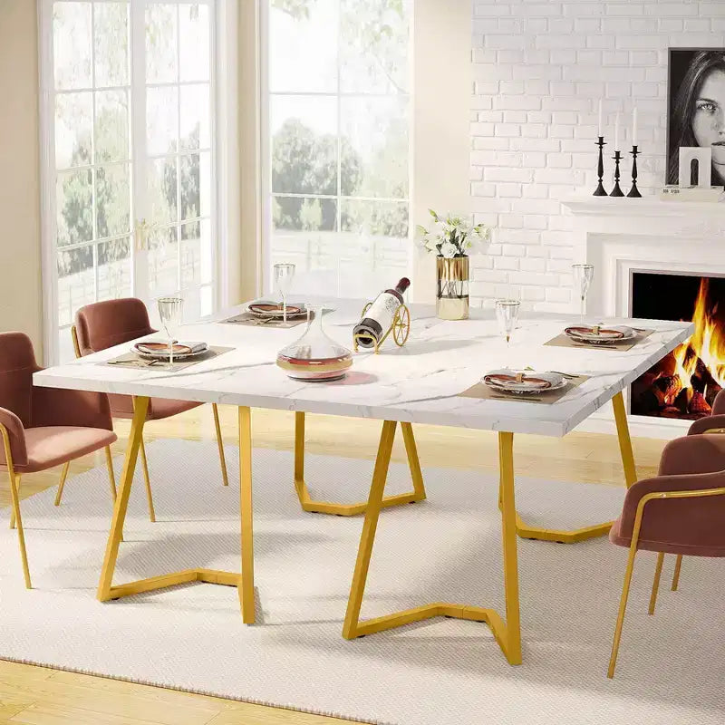 Tavolo da Pranzo Rettangolare Moderno da 55 Pollici con Contenitore Sottostante, Bianco/Oro