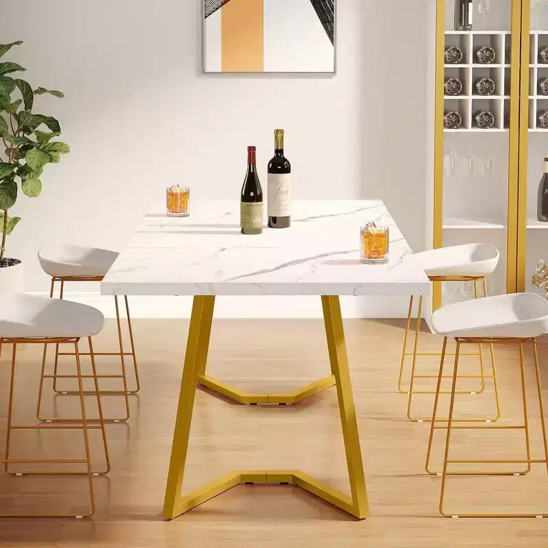 Tavolo da Pranzo Rettangolare Moderno da 55 Pollici con Contenitore Sottostante, Bianco/Oro