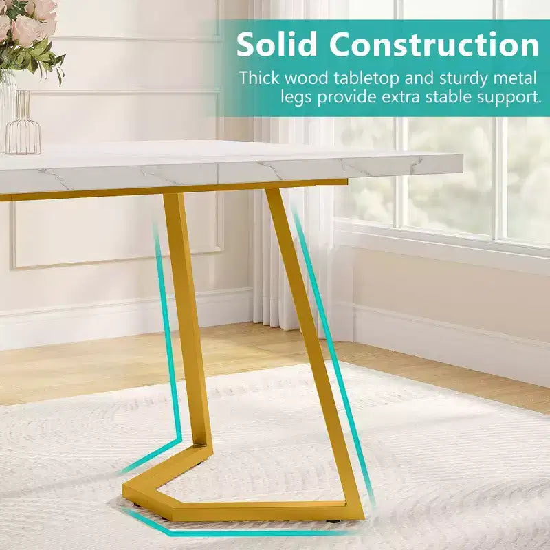 Tavolo da Pranzo Rettangolare Moderno da 55 Pollici con Contenitore Sottostante, Bianco/Oro
