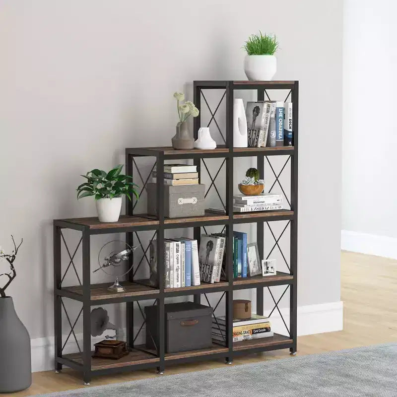 Libreria ad Angolo a 12 Ripiani da 51,5 Pollici, Mobile Portaoggetti per Ufficio Domestico in Stile Industriale, Marrone