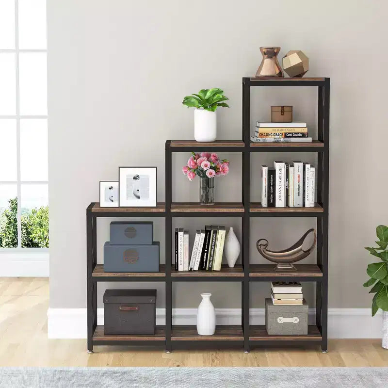 Libreria ad Angolo a 12 Ripiani da 51,5 Pollici, Mobile Portaoggetti per Ufficio Domestico in Stile Industriale, Marrone