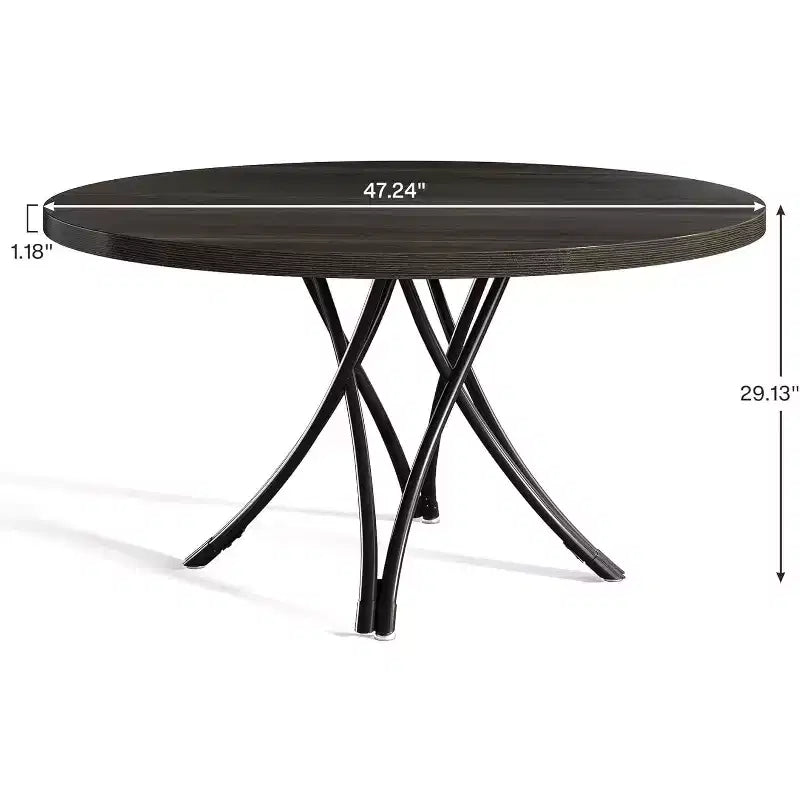 Tavolo da pranzo moderno rotondo da 120 cm per 4 persone, piano in legno nero con gambe in metallo incrociate