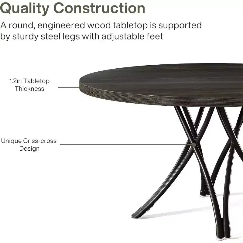 Tavolo da pranzo moderno rotondo da 120 cm per 4 persone, piano in legno nero con gambe in metallo incrociate