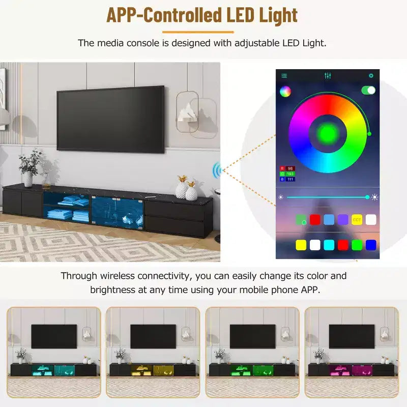 Mobile TV moderno con illuminazione LED e controllo tramite app, per TV fino a 105 pollici con ante in vetro temperato
