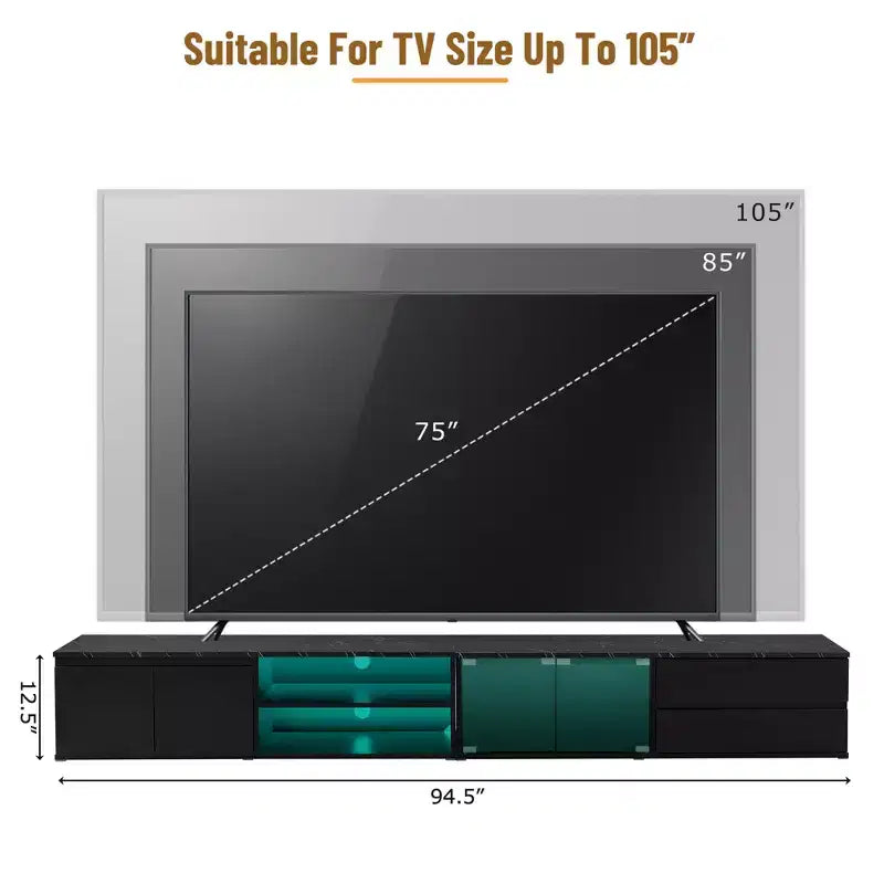 Mobile TV moderno con illuminazione LED e controllo tramite app, per TV fino a 105 pollici con ante in vetro temperato