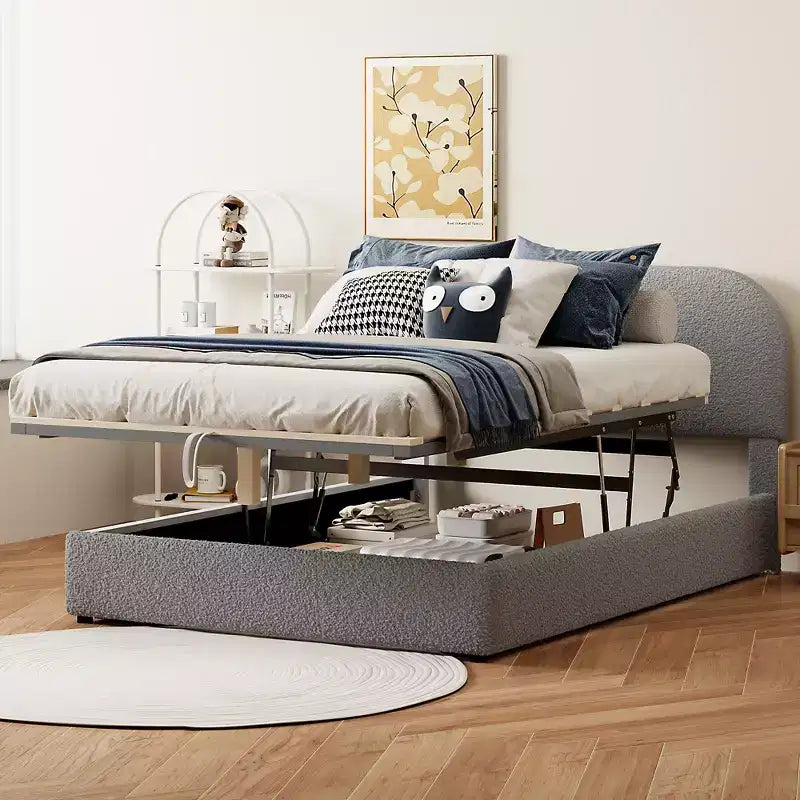 Letto Imbottito a Piattaforma in Pile Teddy Matrimoniale/Queen con Sistema di Contenimento Idraulico