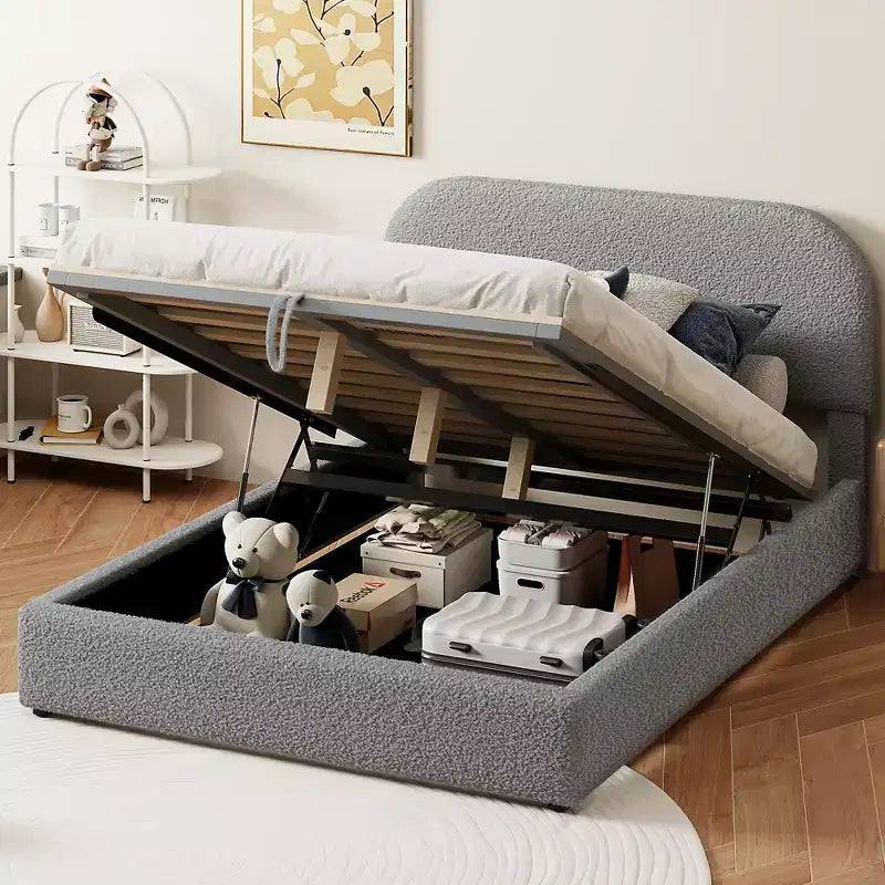 Letto Imbottito a Piattaforma in Pile Teddy Matrimoniale/Queen con Sistema di Contenimento Idraulico