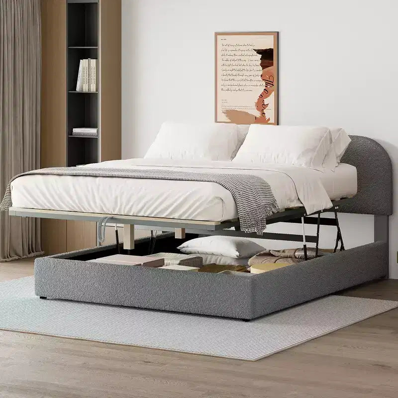 Letto Imbottito a Piattaforma in Pile Teddy Matrimoniale/Queen con Sistema di Contenimento Idraulico