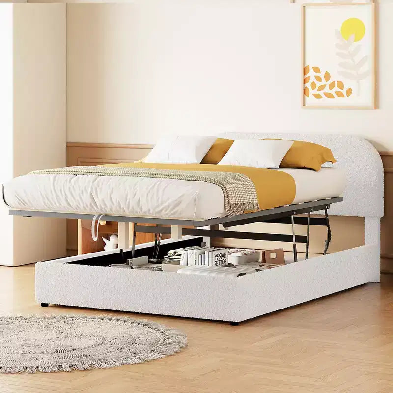 Letto Imbottito a Piattaforma in Pile Teddy Matrimoniale/Queen con Sistema di Contenimento Idraulico