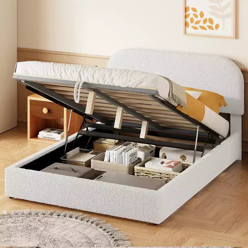 Letto Imbottito a Piattaforma in Pile Teddy Matrimoniale/Queen con Sistema di Contenimento Idraulico