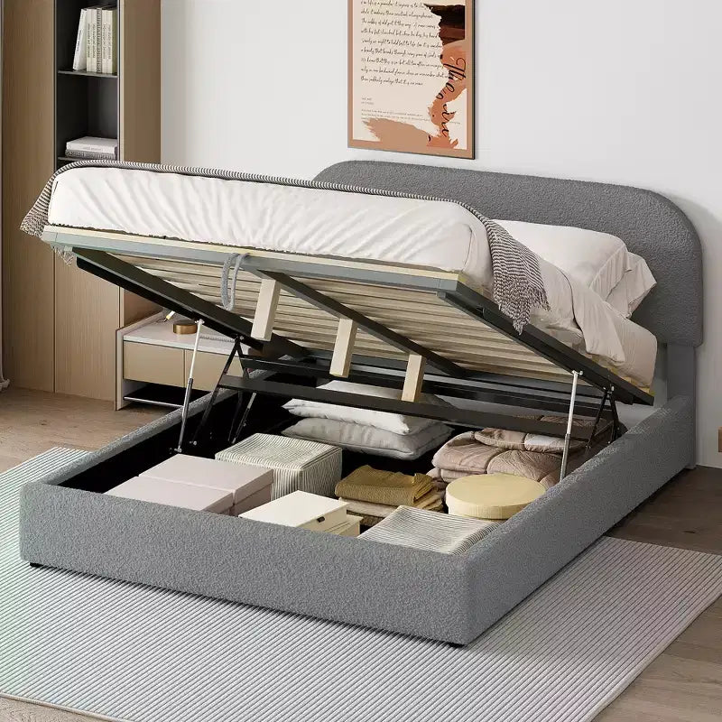 Letto Imbottito a Piattaforma in Pile Teddy Matrimoniale/Queen con Sistema di Contenimento Idraulico
