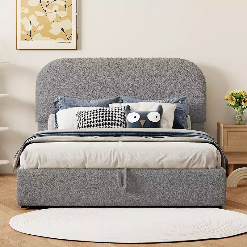 Letto Imbottito a Piattaforma in Pile Teddy Matrimoniale/Queen con Sistema di Contenimento Idraulico
