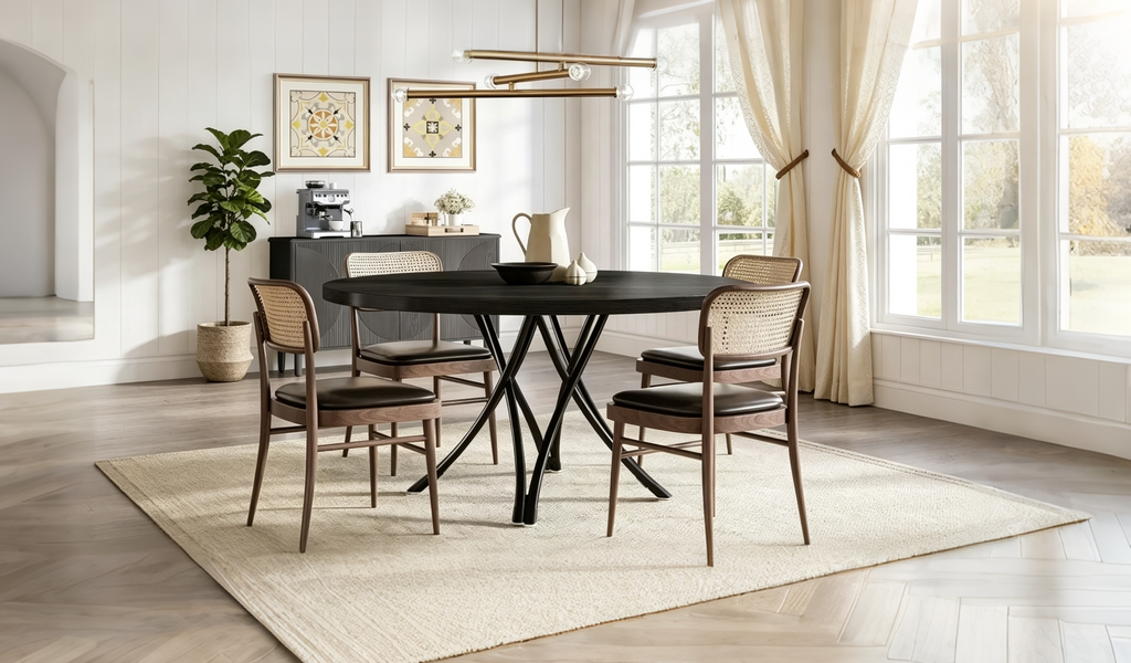 Tavolo da pranzo moderno rotondo da 120 cm per 4 persone, piano in legno nero con gambe in metallo incrociate