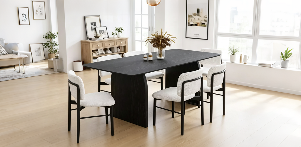 Tavolo da pranzo da fattoria 67 x 33,5 con gambe ad arco, legno massello, nero, 6 posti a sedere